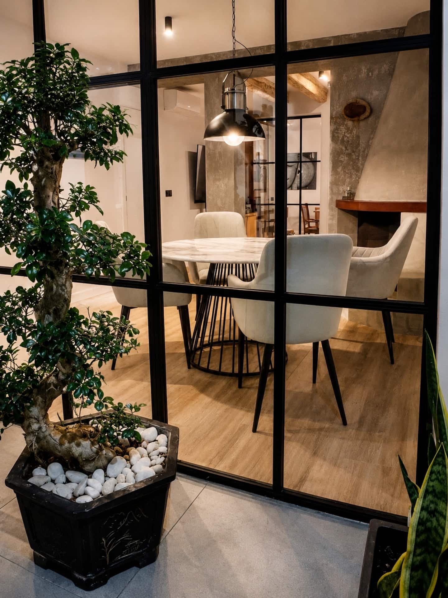 Dining area seen through the glass wall
